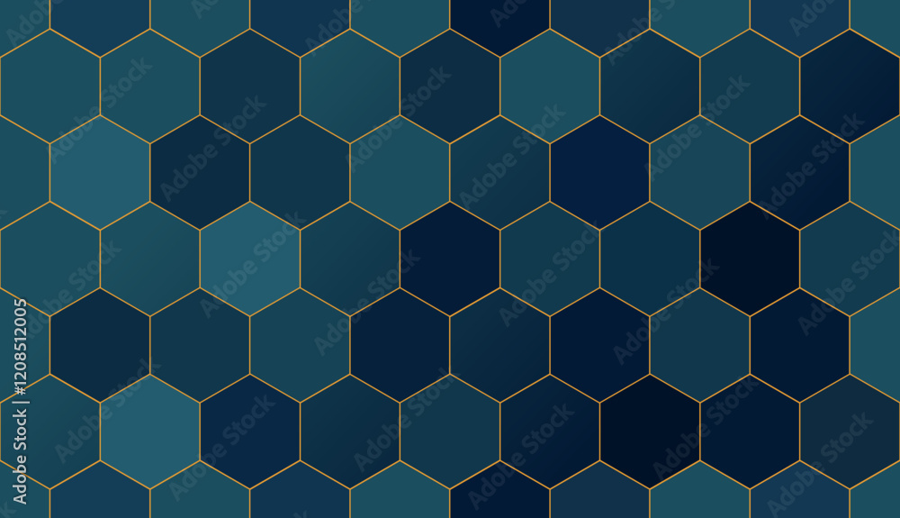 Seamless geometric honeycomb hexagonal wall pattern, abstract elegant dark shades blue background with golden stroke, outline tiles Seamless geometric honeycomb hexagonal wall pattern, abstract elegant dark shades blue background with golden stroke, outline tiles