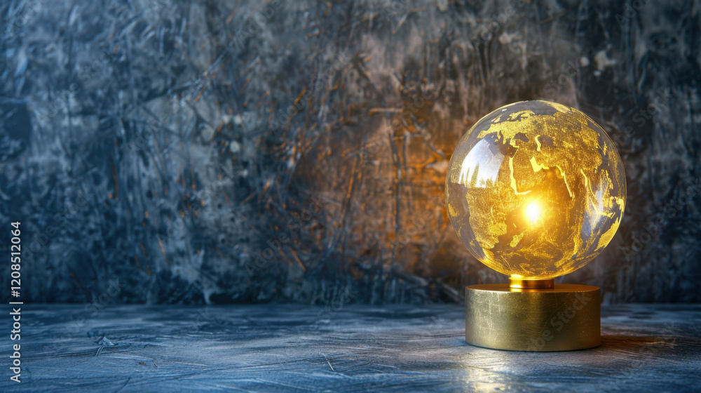 glowing globe on pedestal, showcasing world map with illuminated continents against textured background. This artistic piece symbolizes global connection and exploration glowing globe on pedestal, showcasing world map with illuminated continents against textured background. This artistic piece symbolizes global connection and exploration