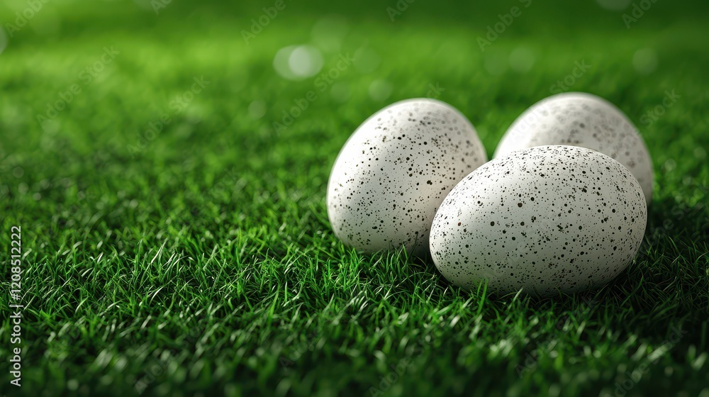Easter egg hunt adventure: speckled eggs on lush green grass Easter egg hunt adventure: speckled eggs on lush green grass