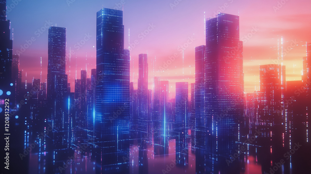 Fototapeta premium Smart digital Innovation city with connection network reciprocity over the cityscape. of future smart wireless digital city and social media networking systems that connects people with in city