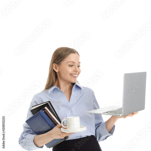 Young businesswoman with la...