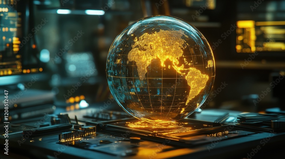 Holographic globe in tech office with data visualization displays Holographic globe in tech office with data visualization displays