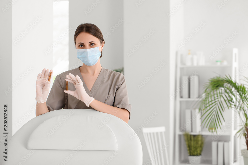 Female cosmetologist with medical mask and ampule in beauty salon Female cosmetologist with medical mask and ampule in beauty salon