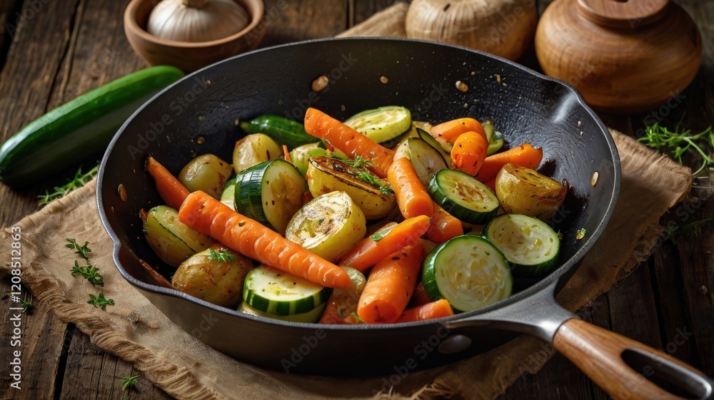 Delicious Fried Vegetables with Golden Potatoes, Carrots, Zucchini, and Garlic Delicious Fried Vegetables with Golden Potatoes, Carrots, Zucchini, and Garlic