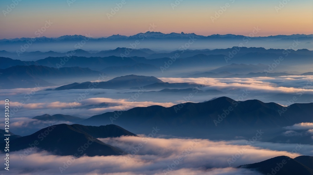 Expansive mountain view at dawn with fog covering the valleys