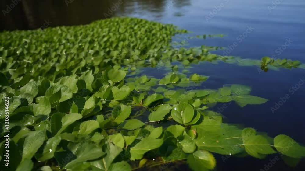 Green leaves floating in a black channel filled with water. Green leaves floating in a black channel filled with water.