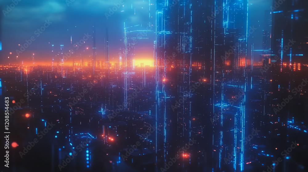 Obraz premium Smart digital Innovation city with connection network reciprocity over the cityscape. of future smart wireless digital city and social media networking systems that connects people with in city