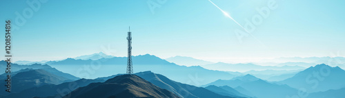 Hochgelegene Aussicht auf Berge mit einem Turm im blauen Himmel

 photo