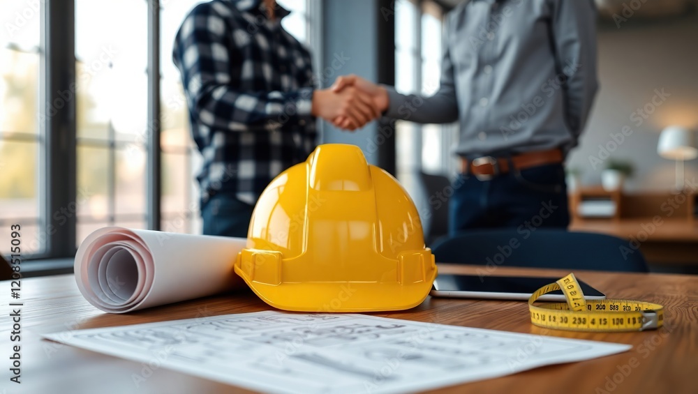 Construction Project Partnership Handshake And Plans Construction Project Partnership Handshake And Plans