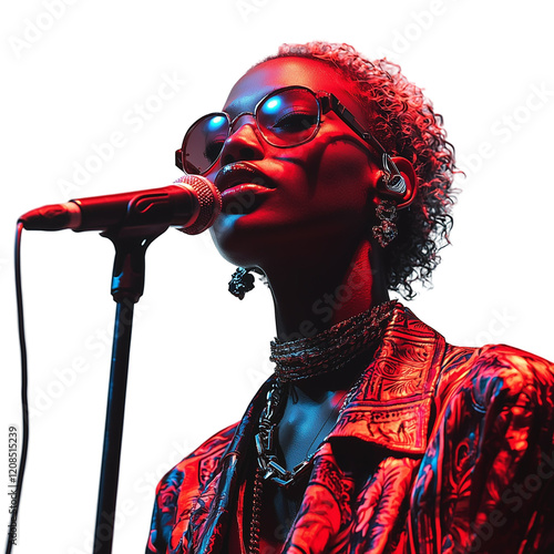 A singer performing passionately on stage, illuminated by dramatic lighting.
