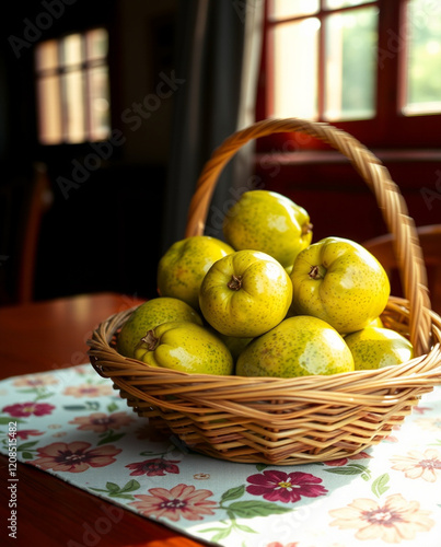 Fresh guavas in a woven basket on a floral tablecloth, wooden table. Vibrant green yellow guava skin, glossy sheen. Intricate basket photo