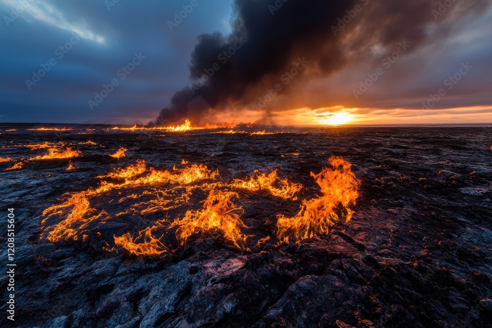 Fototapeta premium An intense image showing flames and thick smoke at sunset, capturing the chaotic beauty and environmental impact of fire, set against a richly colored sky.