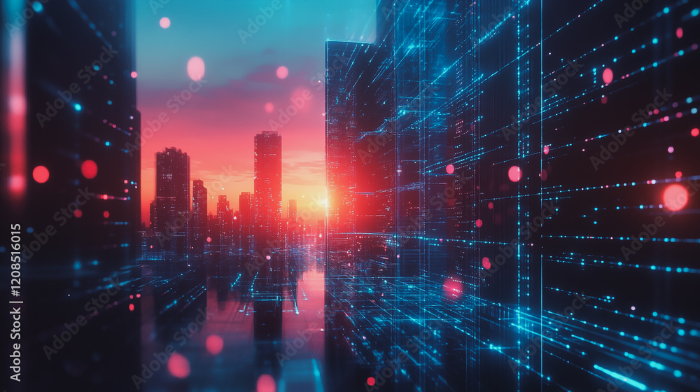 Fototapeta premium Smart digital Innovation city with connection network reciprocity over the cityscape. of future smart wireless digital city and social media networking systems that connects people with in city