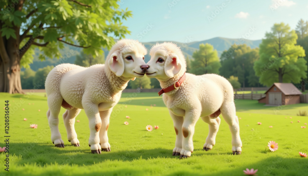 Fototapeta premium Two adorable lambs nuzzling on green grass, farm tranquility