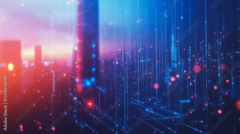 Obraz premium Smart digital Innovation city with connection network reciprocity over the cityscape. of future smart wireless digital city and social media networking systems that connects people with in city