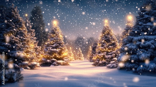 Christmas tree farm with trees covered in snow
