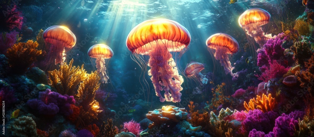 Enchanting surreal underwater scene featuring a vibrant glowing garden of luminescent jellyfish floating in a mysterious bioluminescent seascape Enchanting surreal underwater scene featuring a vibrant glowing garden of luminescent jellyfish floating in a mysterious bioluminescent seascape