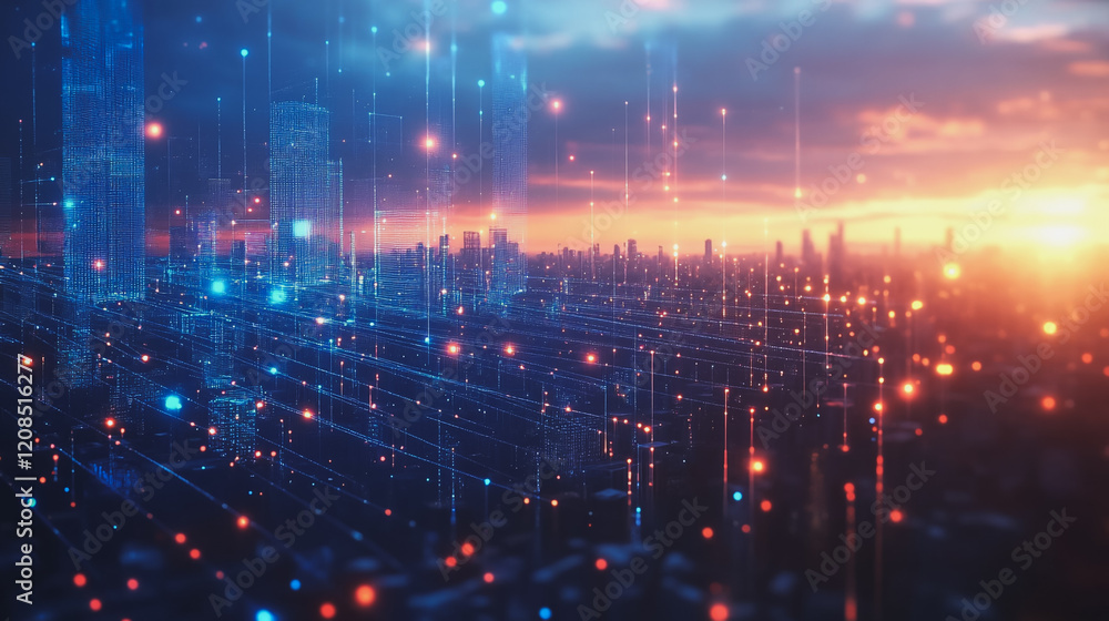 Fototapeta premium Smart digital Innovation city with connection network reciprocity over the cityscape. of future smart wireless digital city and social media networking systems that connects people with in city