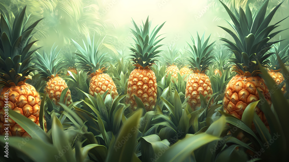 Lush pineapple field in misty jungle. Mystic Grove. Illustration Lush pineapple field in misty jungle. Mystic Grove. Illustration