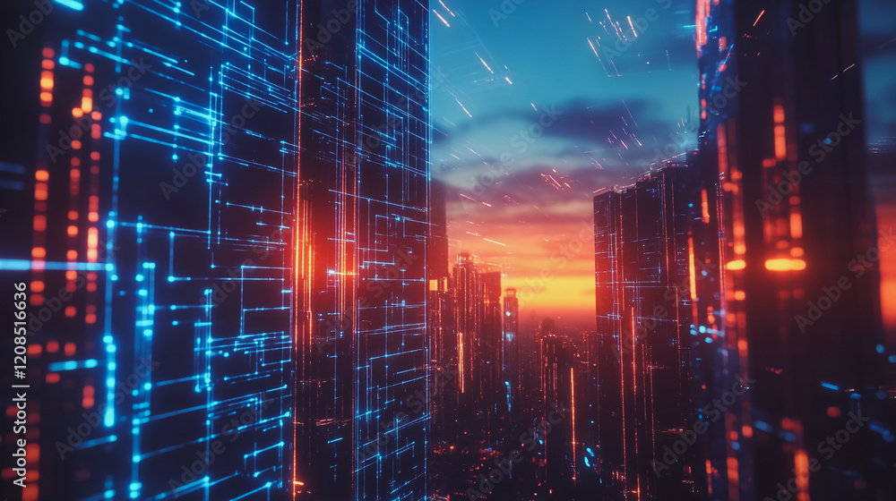 Obraz premium Smart digital Innovation city with connection network reciprocity over the cityscape. of future smart wireless digital city and social media networking systems that connects people with in city