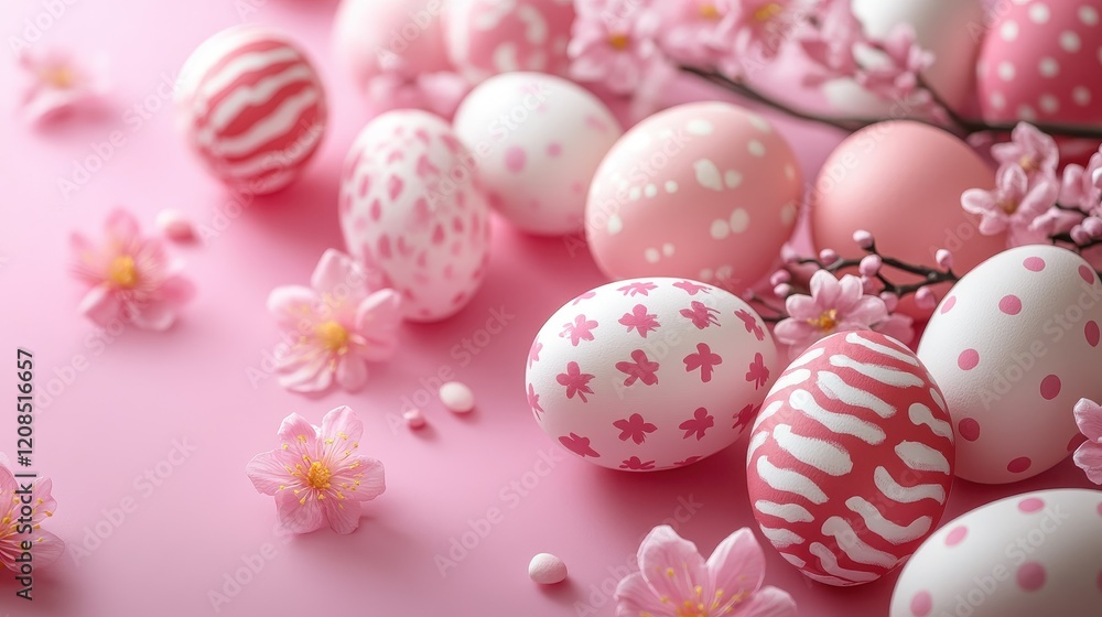 Obraz premium Isometric pattern of painted easter eggs with blossoms for festive spring design