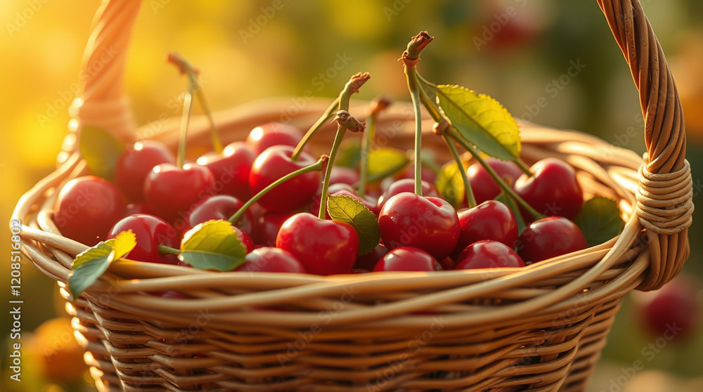 Cherries in woven basket, warm golden hour light, ethereal spiritual vibe, light aura, mystical feeling, soft light Cherries in woven basket, warm golden hour light, ethereal spiritual vibe, light aura, mystical feeling, soft light