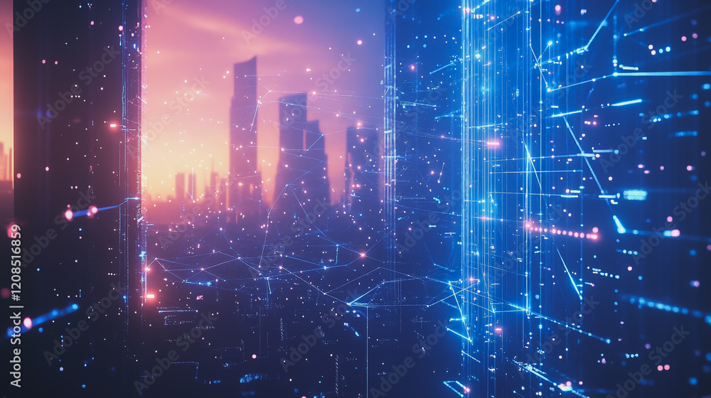 Fototapeta premium Smart digital Innovation city with connection network reciprocity over the cityscape. of future smart wireless digital city and social media networking systems that connects people with in city
