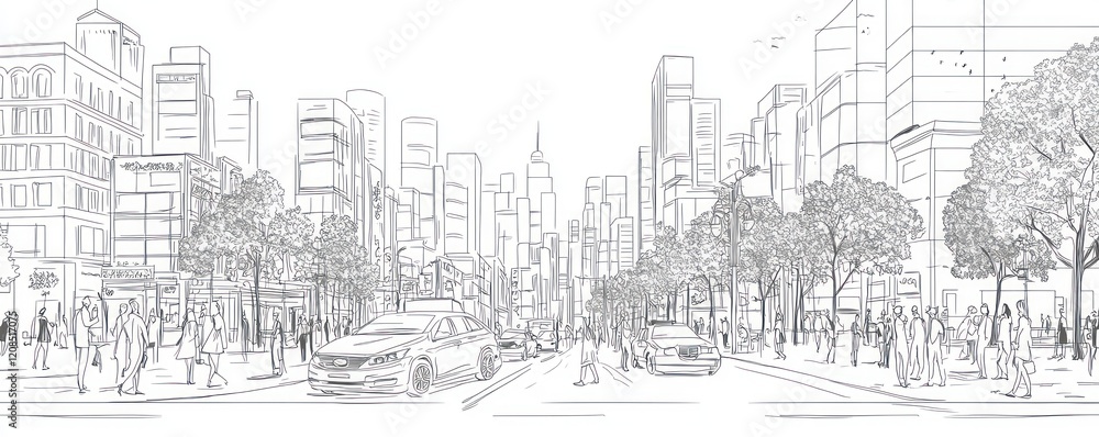 Line art street scenes, capturing urban life and city dynamics. Line art street scenes, capturing urban life and city dynamics.