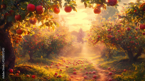 Mystical apple orchard at sunrise, laden with ripe fruit. Mystic Grove. Illustration photo