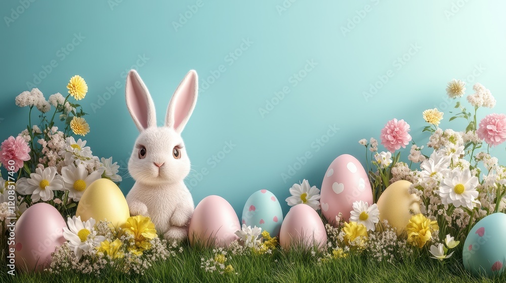 Obraz premium Easter celebration poster and banner template with festive bunny and floral decor