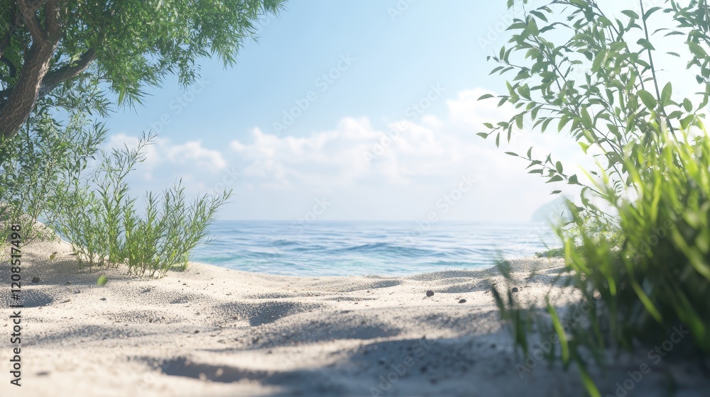 Serene beach with lush greenery and clear blue water under a sunny sky Serene beach with lush greenery and clear blue water under a sunny sky