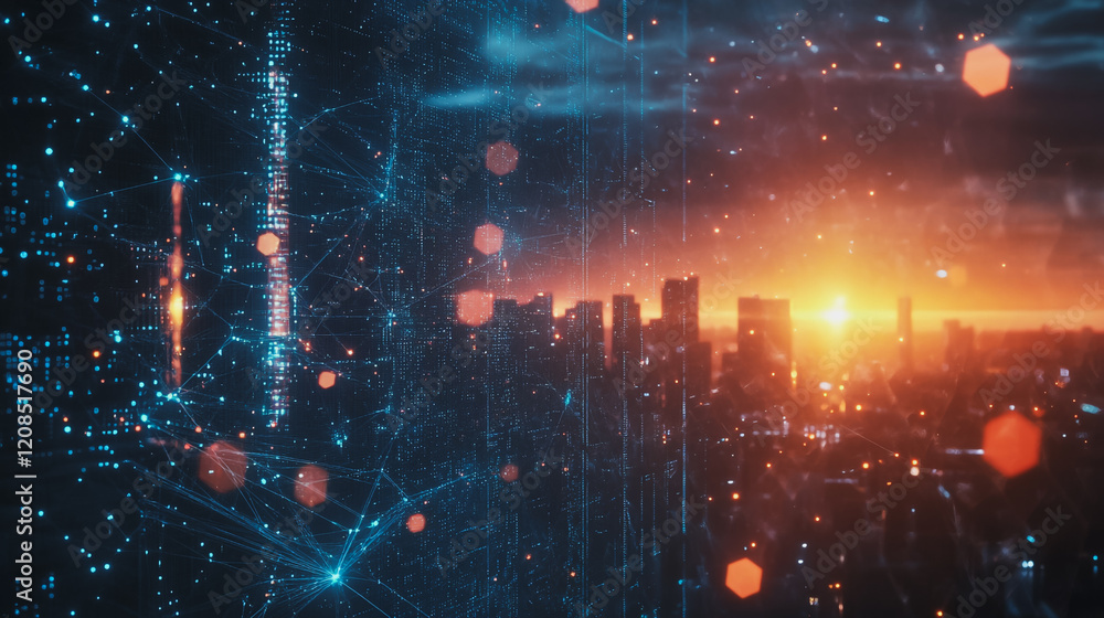 Obraz premium Smart digital Innovation city with connection network reciprocity over the cityscape. of future smart wireless digital city and social media networking systems that connects people with in city