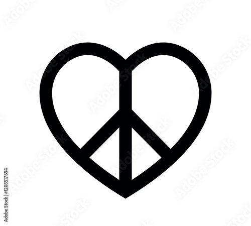 heart shape peace sign, black vector icon