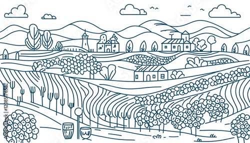 Line art vineyard and winemaking processes, from grape picking to wine tasting.