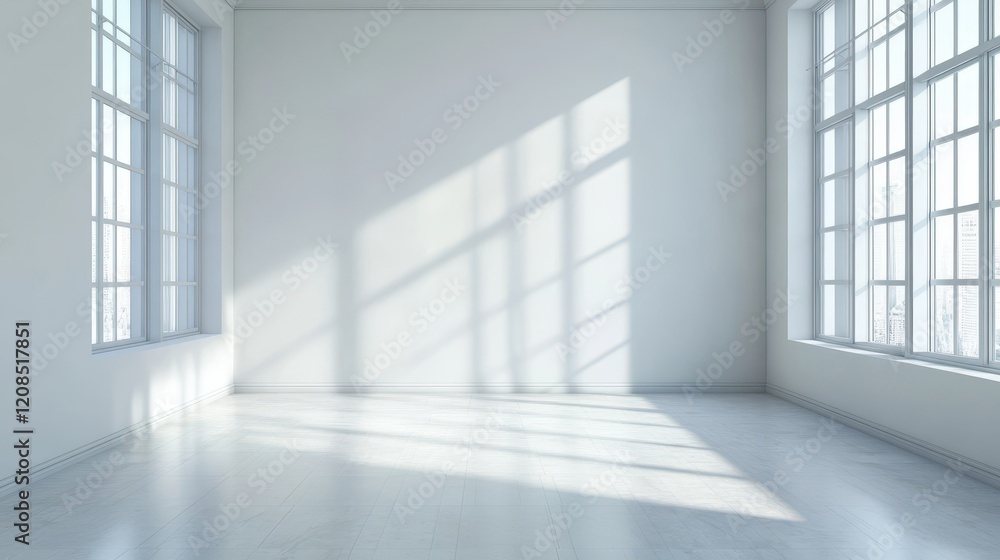 Sunlit empty room with large windows and wooden floor Sunlit empty room with large windows and wooden floor