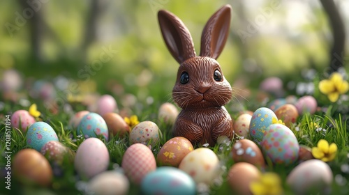 Easter chocolate bunny amid colorful eggs in springtime garden setting