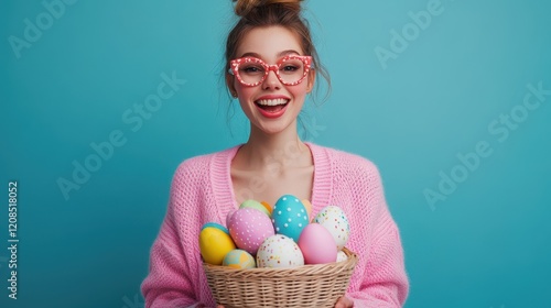 Wallpaper Mural Joyful woman in pink sweater holding colorful easter egg basket for celebration fun Torontodigital.ca