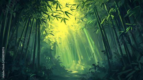 Serene bamboo forest at dawn sunlight filters through a mystical grove of vibrant green bamboo stalks, creating a tranquil and ethereal atmosphere. Mystic Grove. Illustration photo