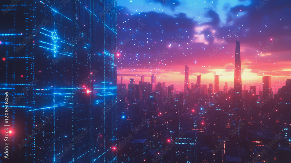 Fototapeta premium Smart digital Innovation city with connection network reciprocity over the cityscape. of future smart wireless digital city and social media networking systems that connects people with in city