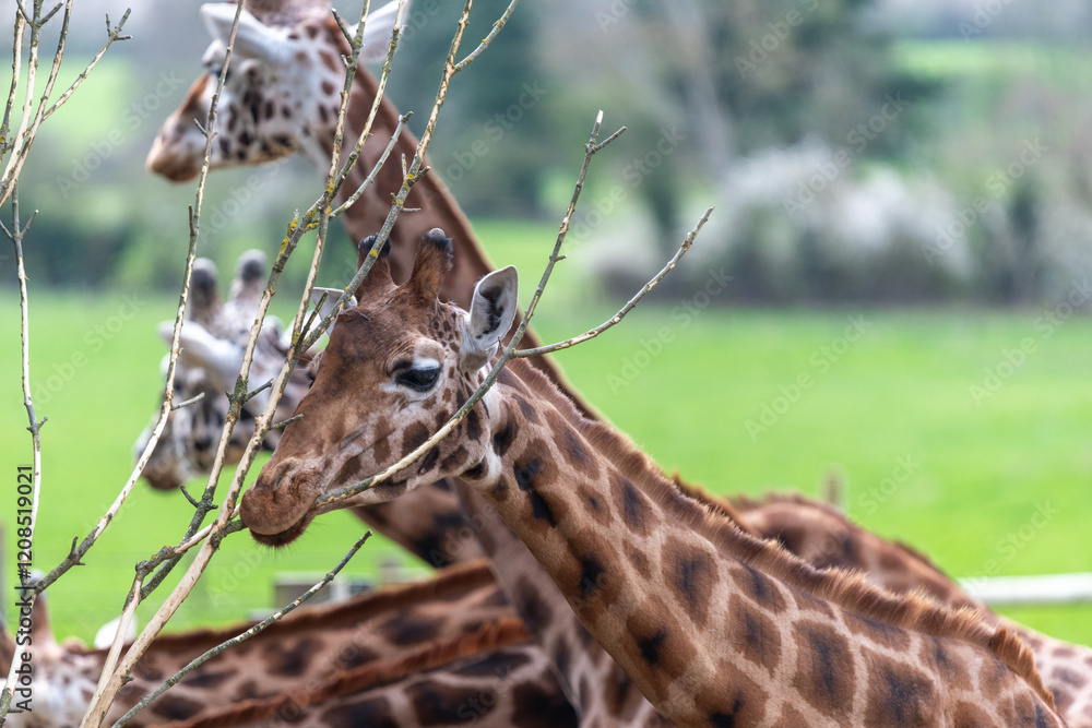 Obraz premium Head shot of a reticulated giraffe (giraffa camelopardalis) eating a branch