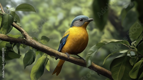 Colorful bird perched on a branch in lush greenery