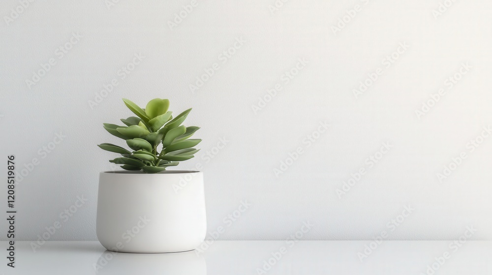 Fototapeta premium Wash workplace and reflective, A small green succulent plant in a white pot sits on a clean surface against a light-colored background.