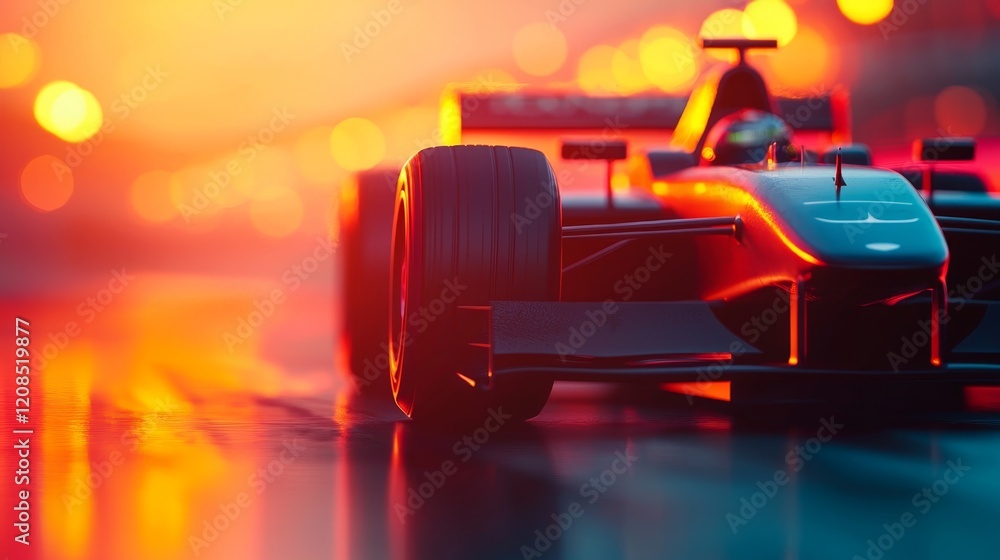 Naklejka premium Dramatic Sunset with Racing Car in Soft Focus on Wet Track