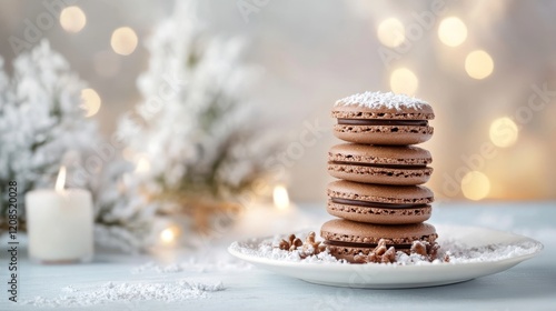 Wallpaper Mural Delicious Chocolate Macarons Stacked Elegantly on a Plate Surrounded by Festive Decorations and Soft Candlelight, Creating a Cozy Winter Atmosphere Torontodigital.ca