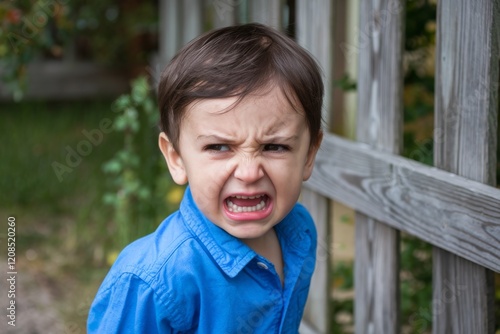 A photo of an angry little boy with his teeth clenched and eyes wide open. photo