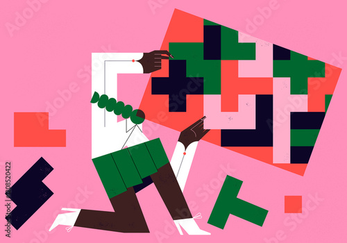 Woman managing her emotions, feelings and thoughts as puzzle parts on her mental space. Emotional intelligence concept illustration.