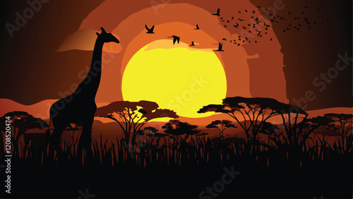 vector silhouette of a giraffe on tree