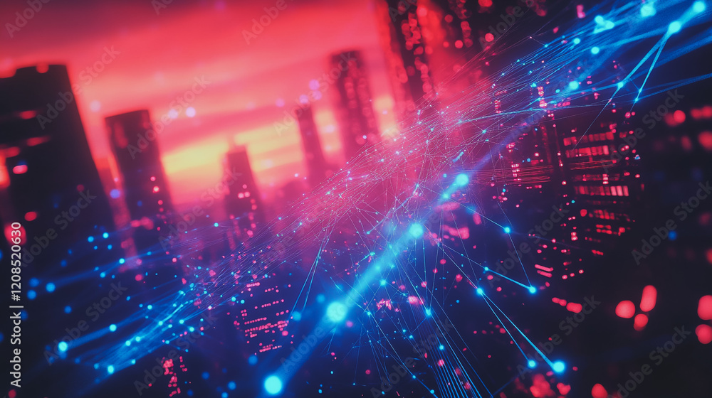 Obraz premium Smart digital Innovation city with connection network reciprocity over the cityscape. of future smart wireless digital city and social media networking systems that connects people with in city