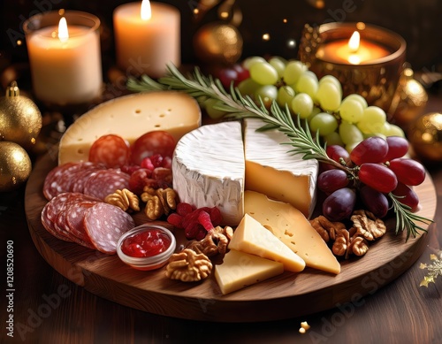 Festive cheese platter with nuts, grapes, and cured meats photo