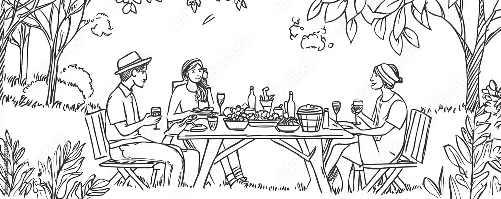custom made wallpaper toronto digitalLine drawings picnic scenes, capturing leisure and outdoor dining.